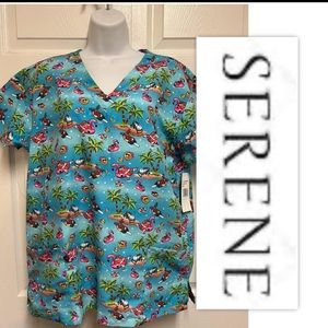 Serene Uniforms | Blue & Pink Flamingo Beach Pocket V-Neck Scrub Top